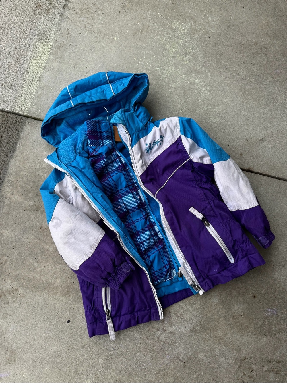 Girls' Blue & Purple Hooded Winter Jacket with Plaid Lining